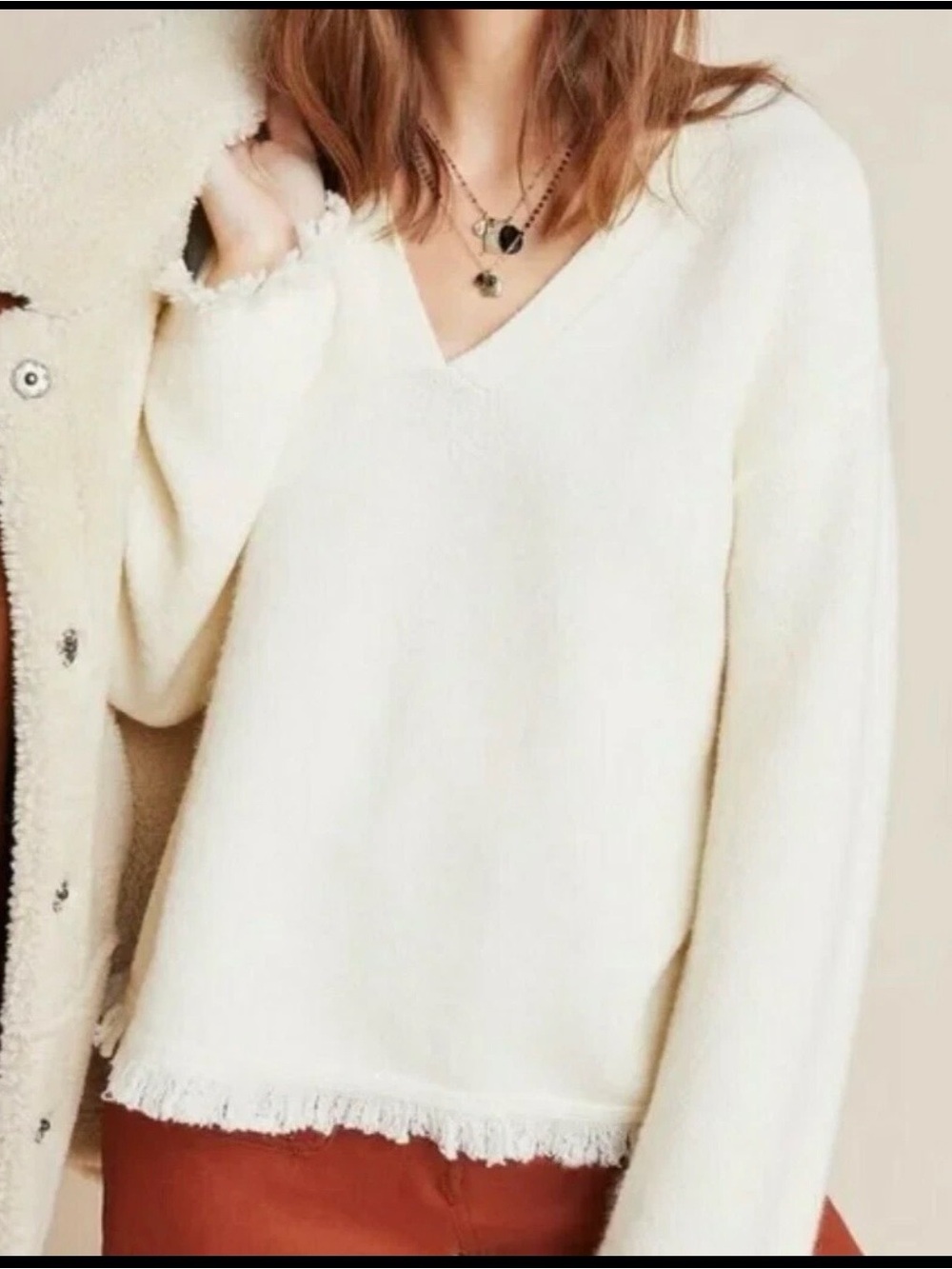 Anthropologie Cream V-Neck Fringe-Hem Sweater